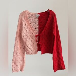 Sincerely Jules color block two tone lace knit crop cardigan pink & red M